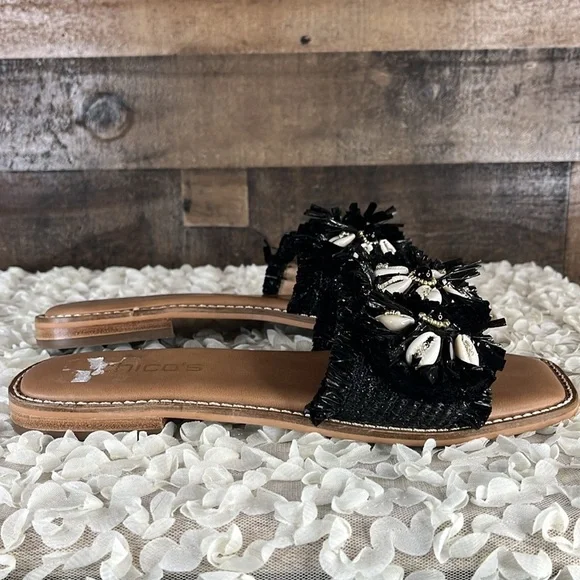 Chico’s Sandals Sz 6.5 Black Raffia and Shell Slides leather shoes - Picture 5 of 5